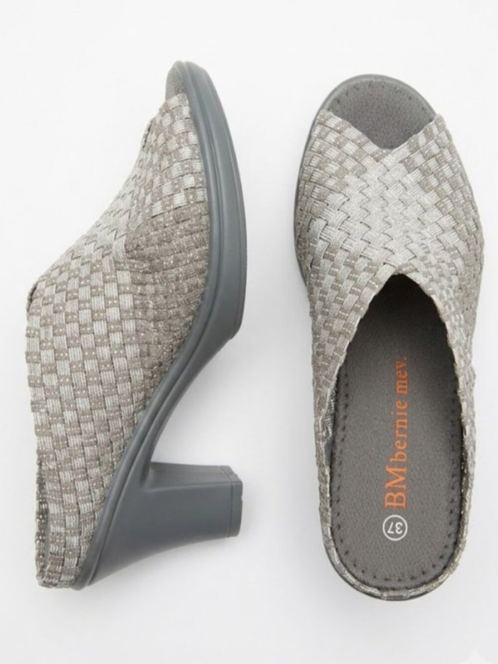 Woven Metallic Silver Slip-On Heeled Mules